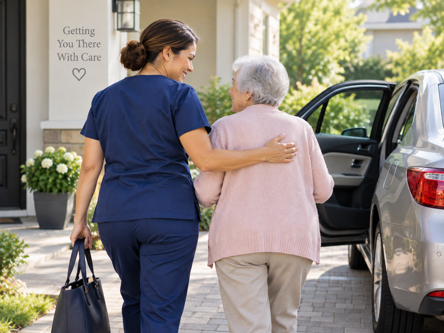 Caregiver calmly interacting with an older adult in a familiar home environment.