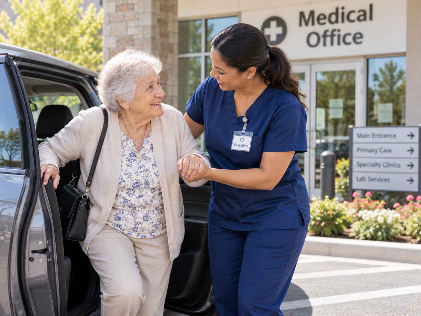 Caregiver helping an older man out of a car outside a medical office building.