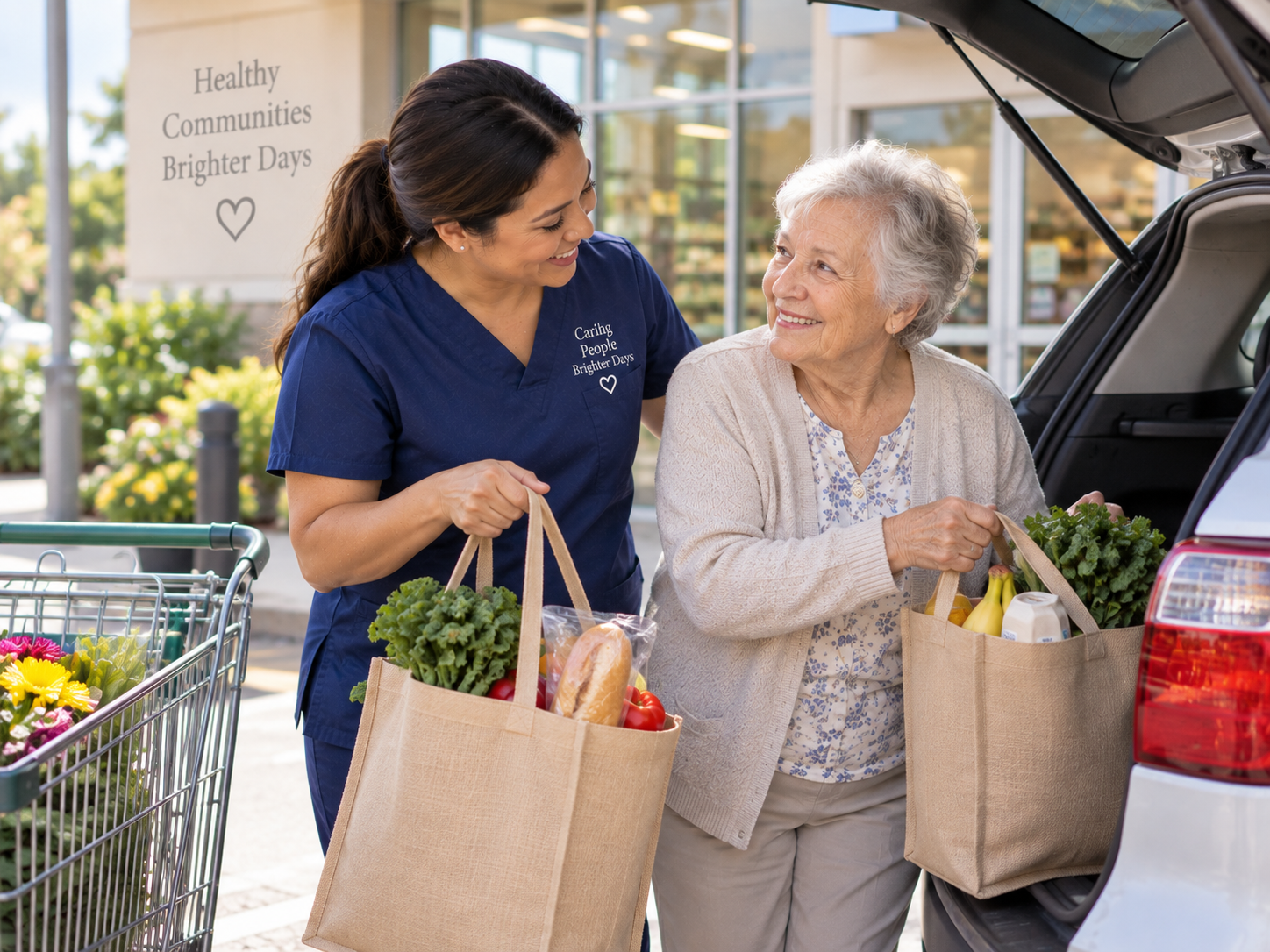 Caregiver helping an older woman load grocery bags into a car.