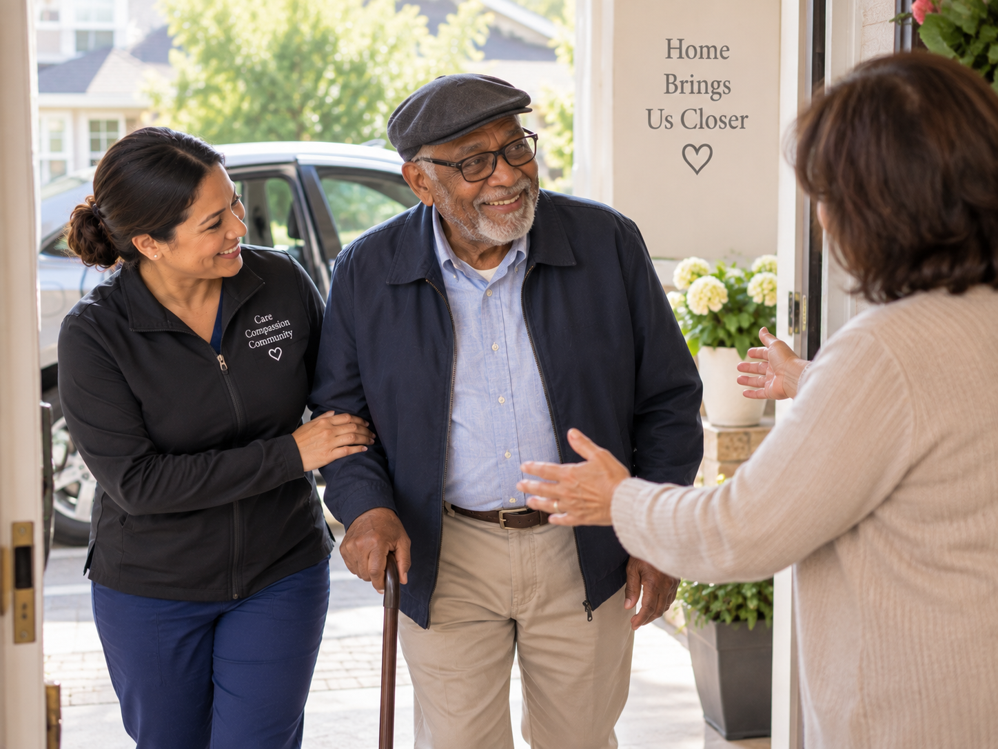 Older adult being welcomed warmly at the front door of their home.