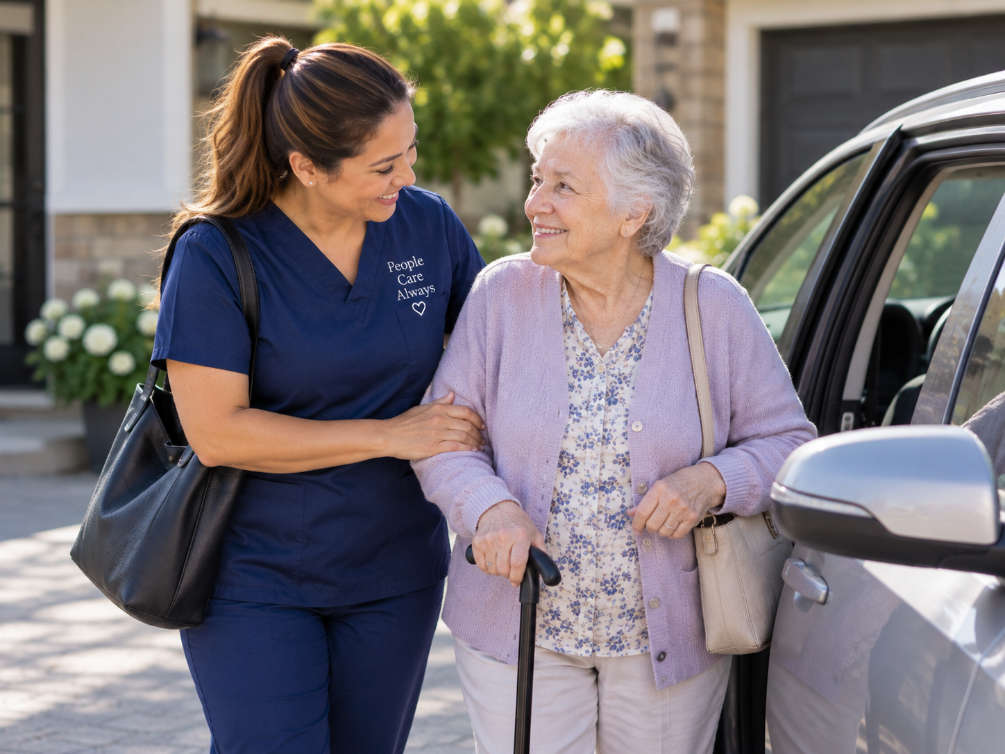 Caregiver standing beside an older man next to a parked car, ready to leave.