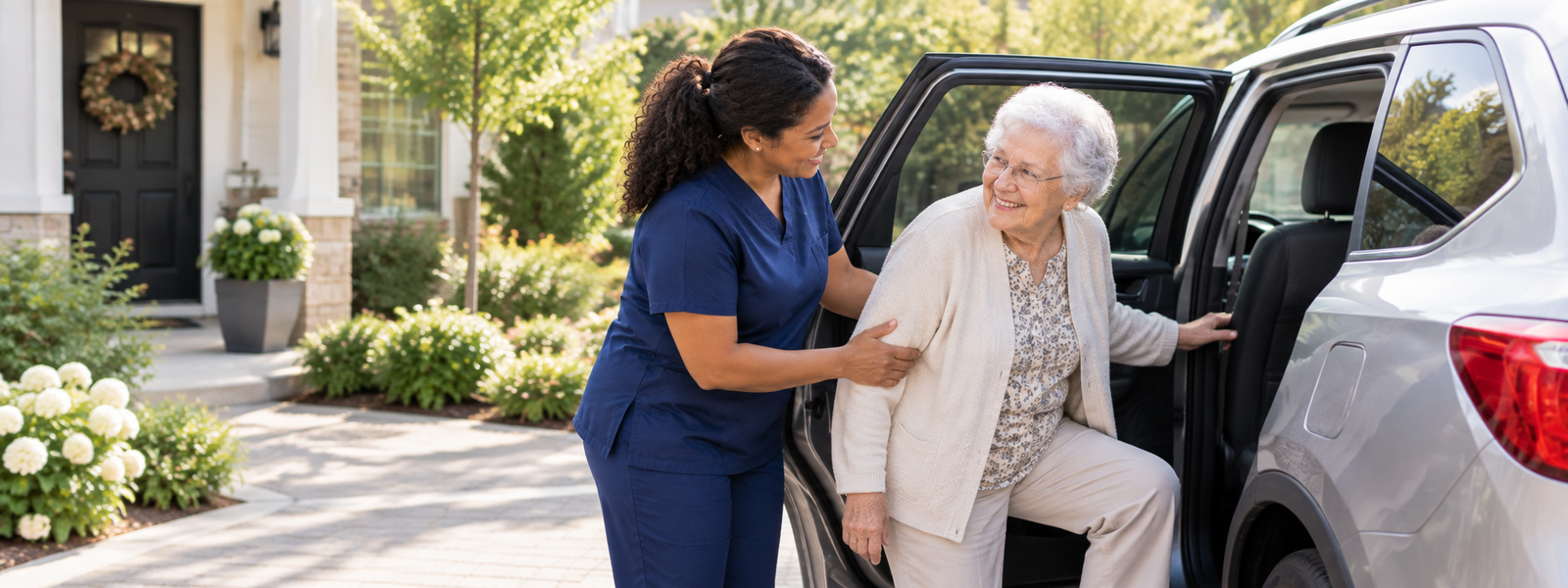 Older adult being welcomed warmly at the front door of their home.