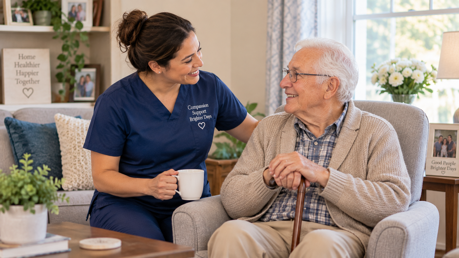 Caregiver supporting an older adult with dementia at home.
