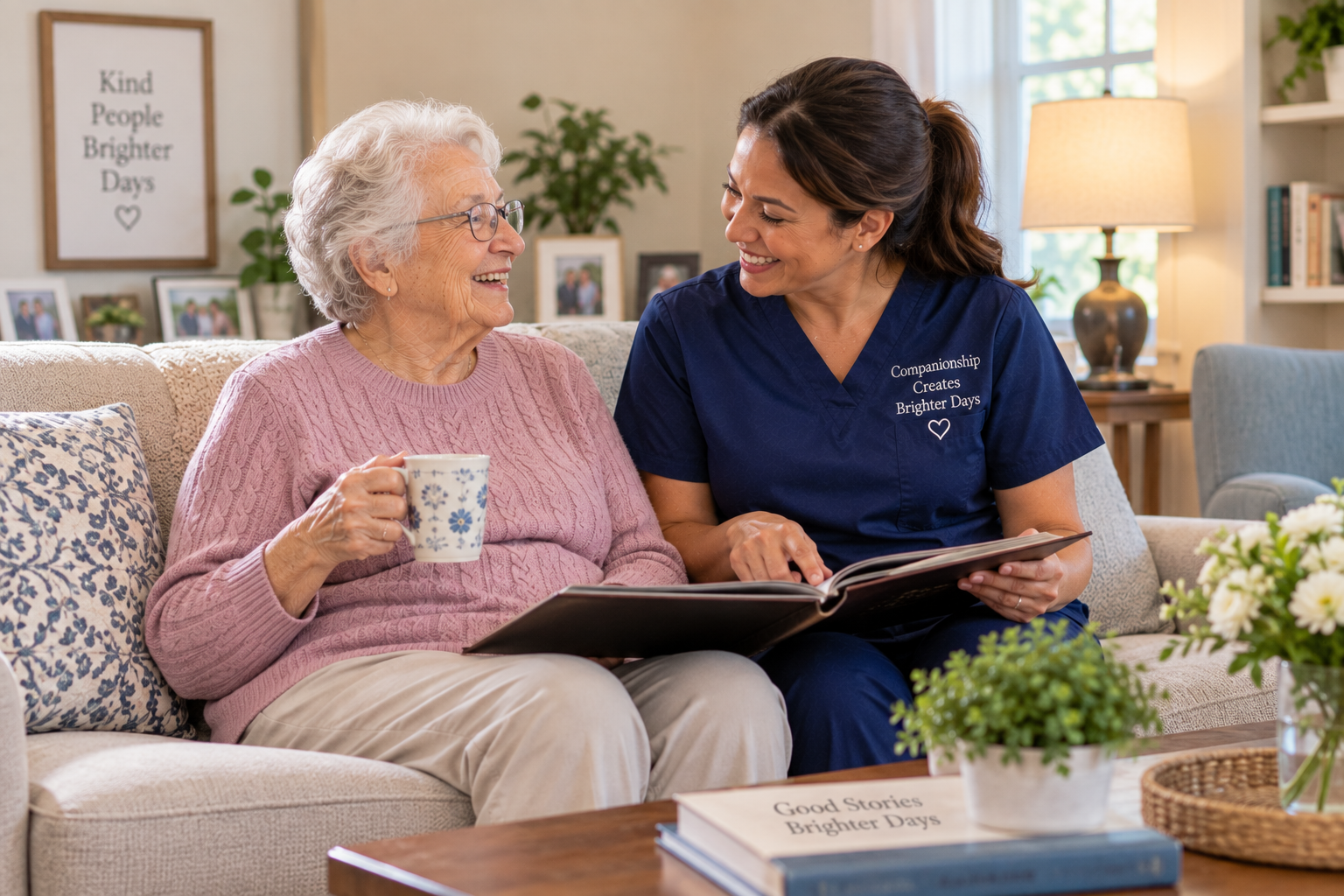 Caregiver and older adult having a warm conversation at home.