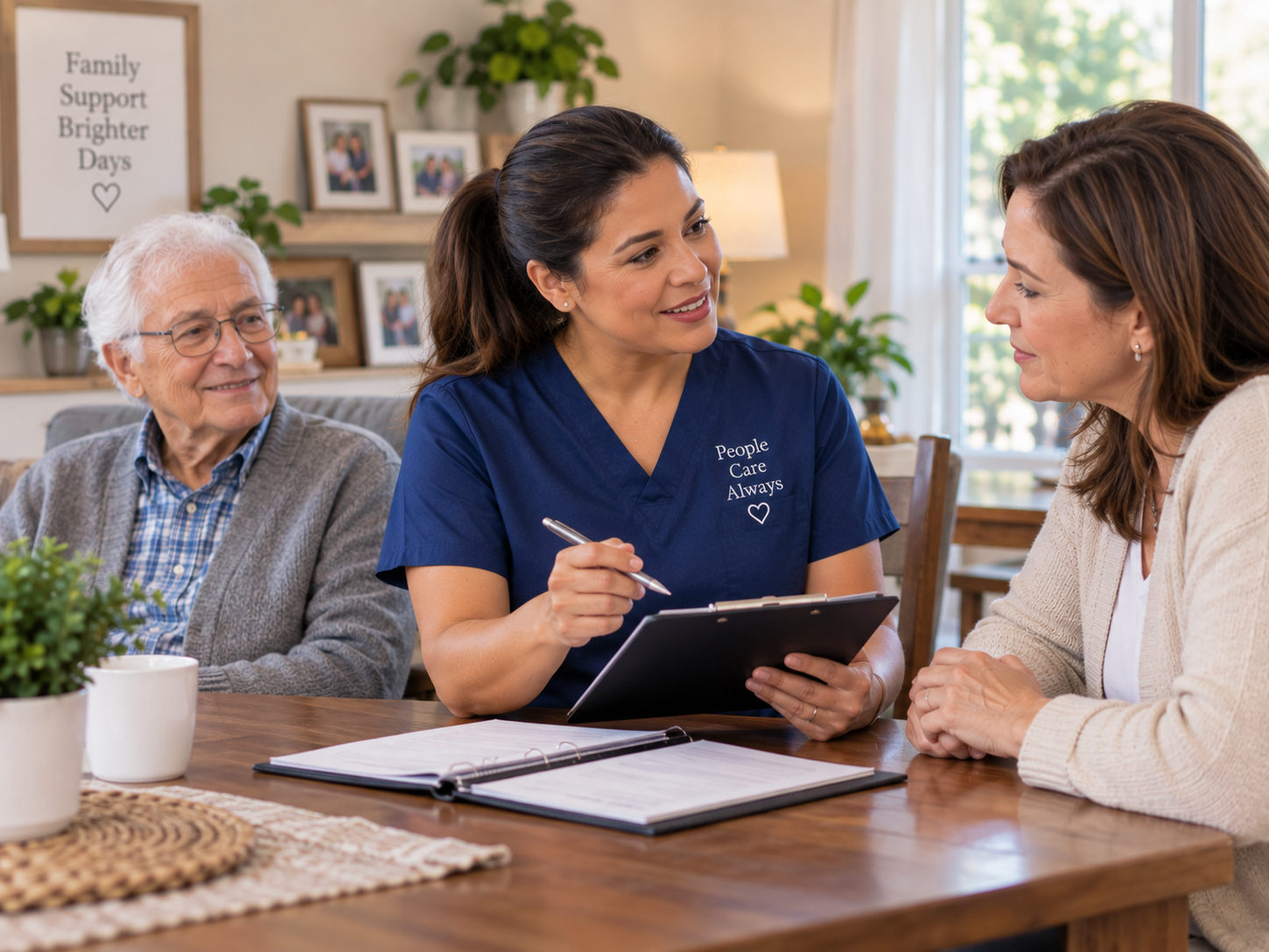 Caregiver helping an older adult with daily activities at home.