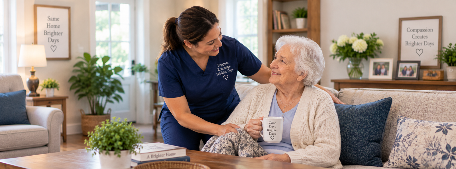 Caregiver helping create a calm and supportive home environment for an older adult.