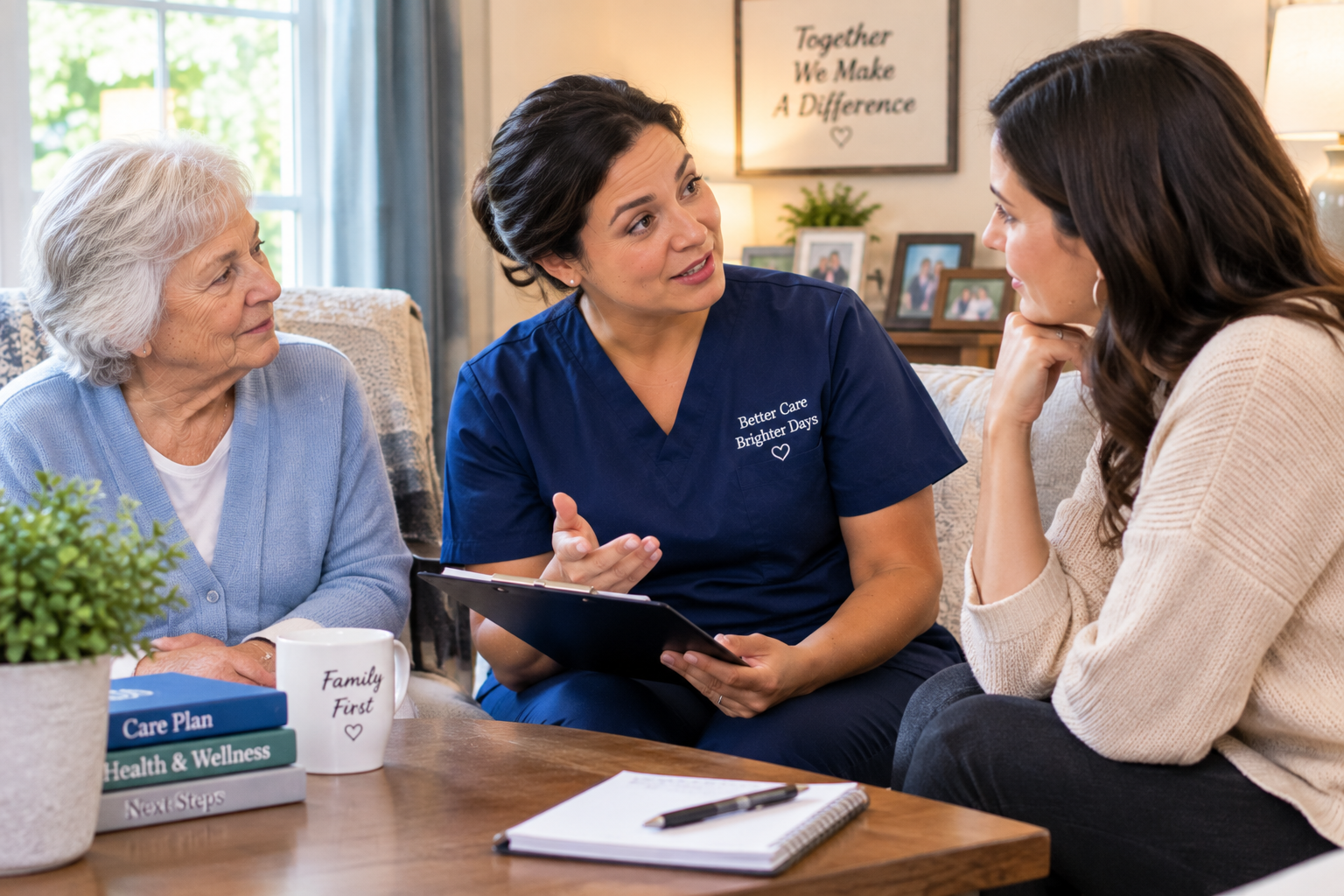 Caregiver communicating with a family member about an older adult's care.