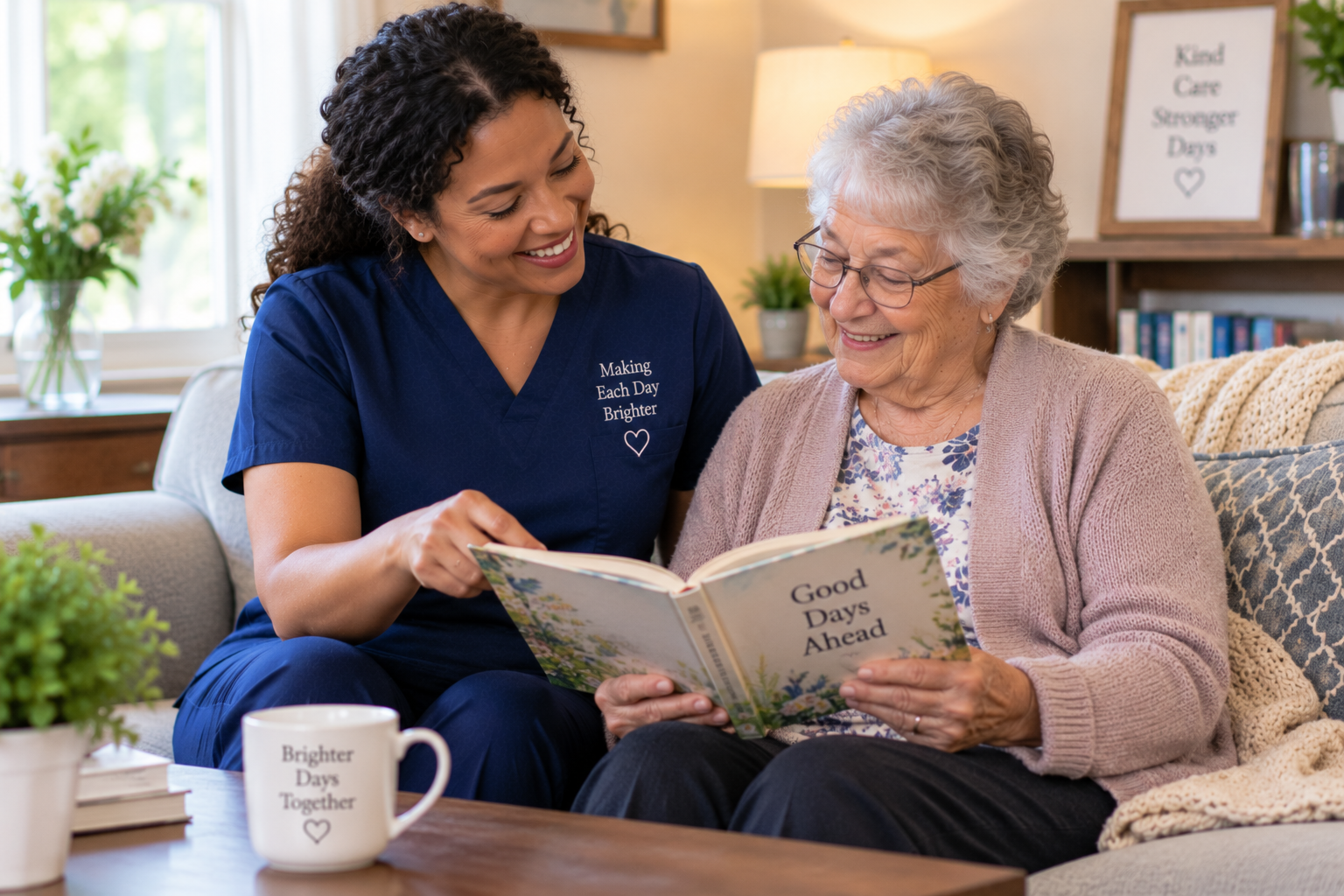 Caregiver providing companionship to an older adult during respite care.