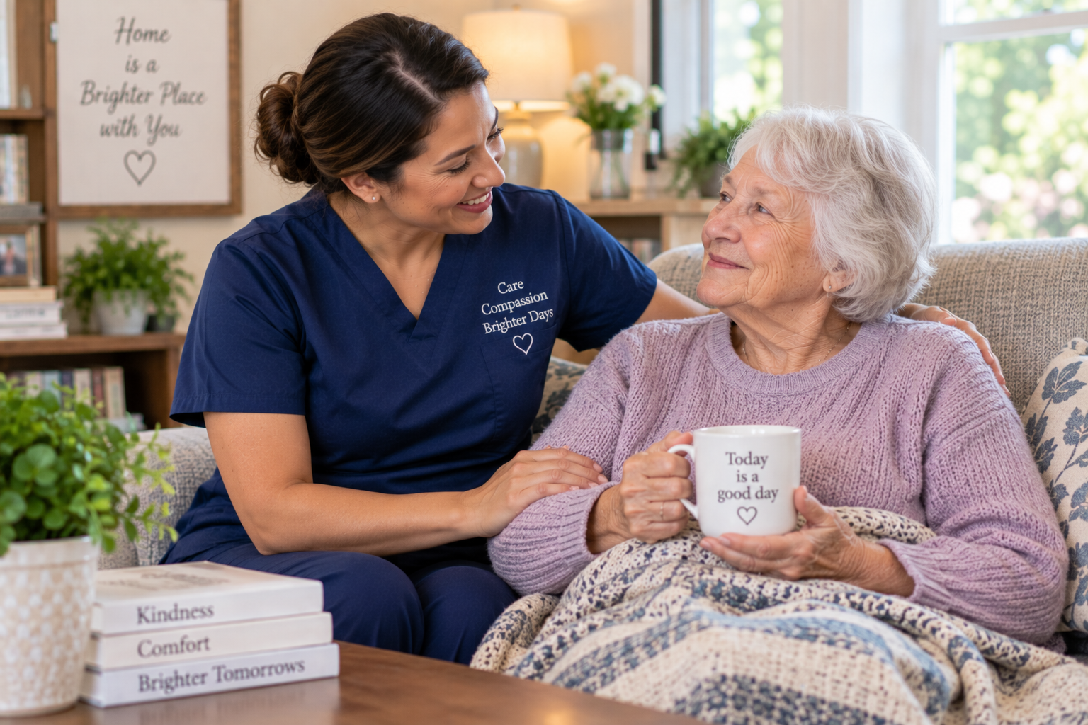 Caregiver providing comforting companionship to an older adult at home.