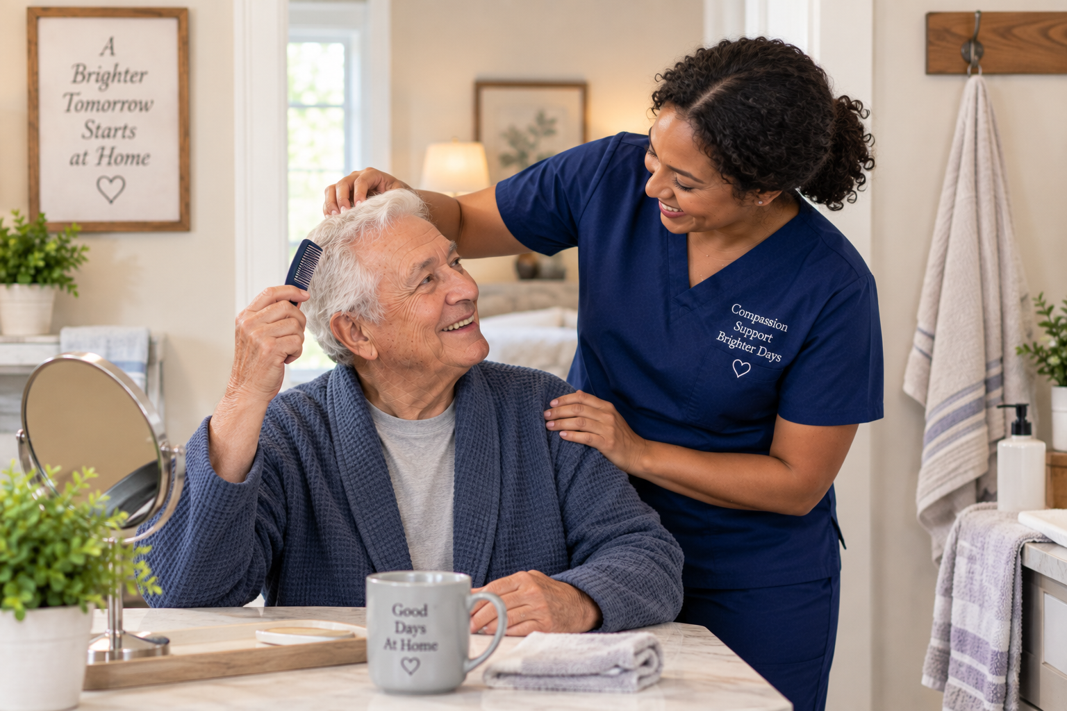 Caregiver supporting an older adult with daily activities at home.