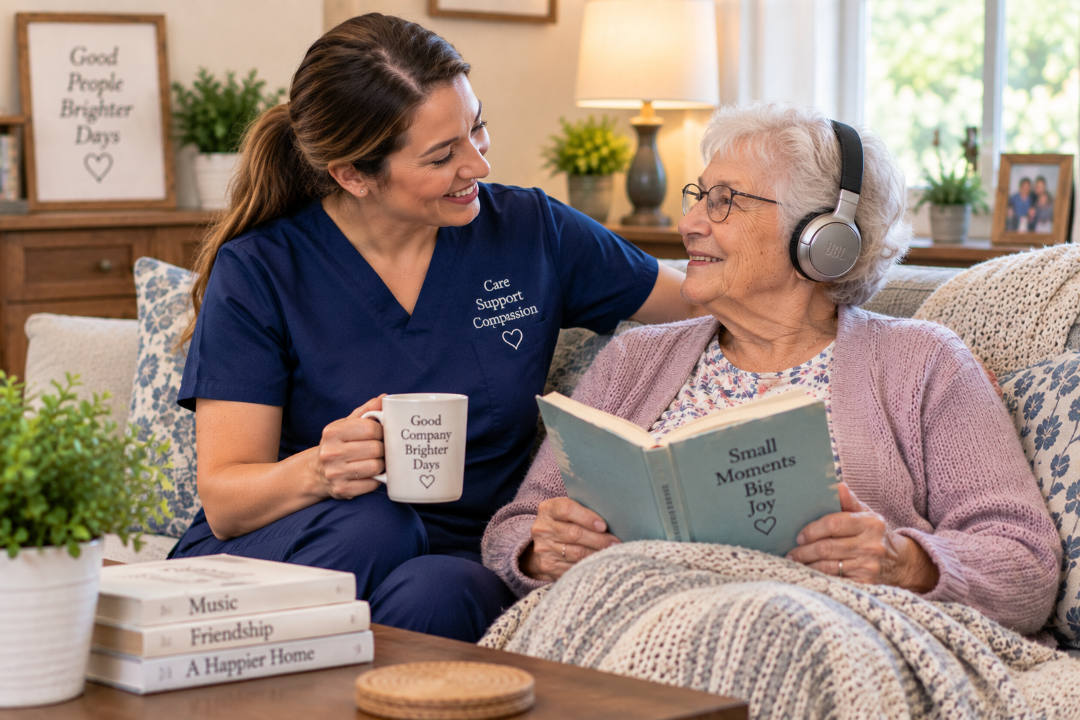 Caregiver providing companionship and emotional support to an older adult.