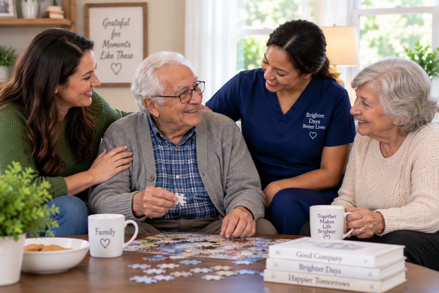 Caregiver listening to an older woman as they talk over tea in her living room.