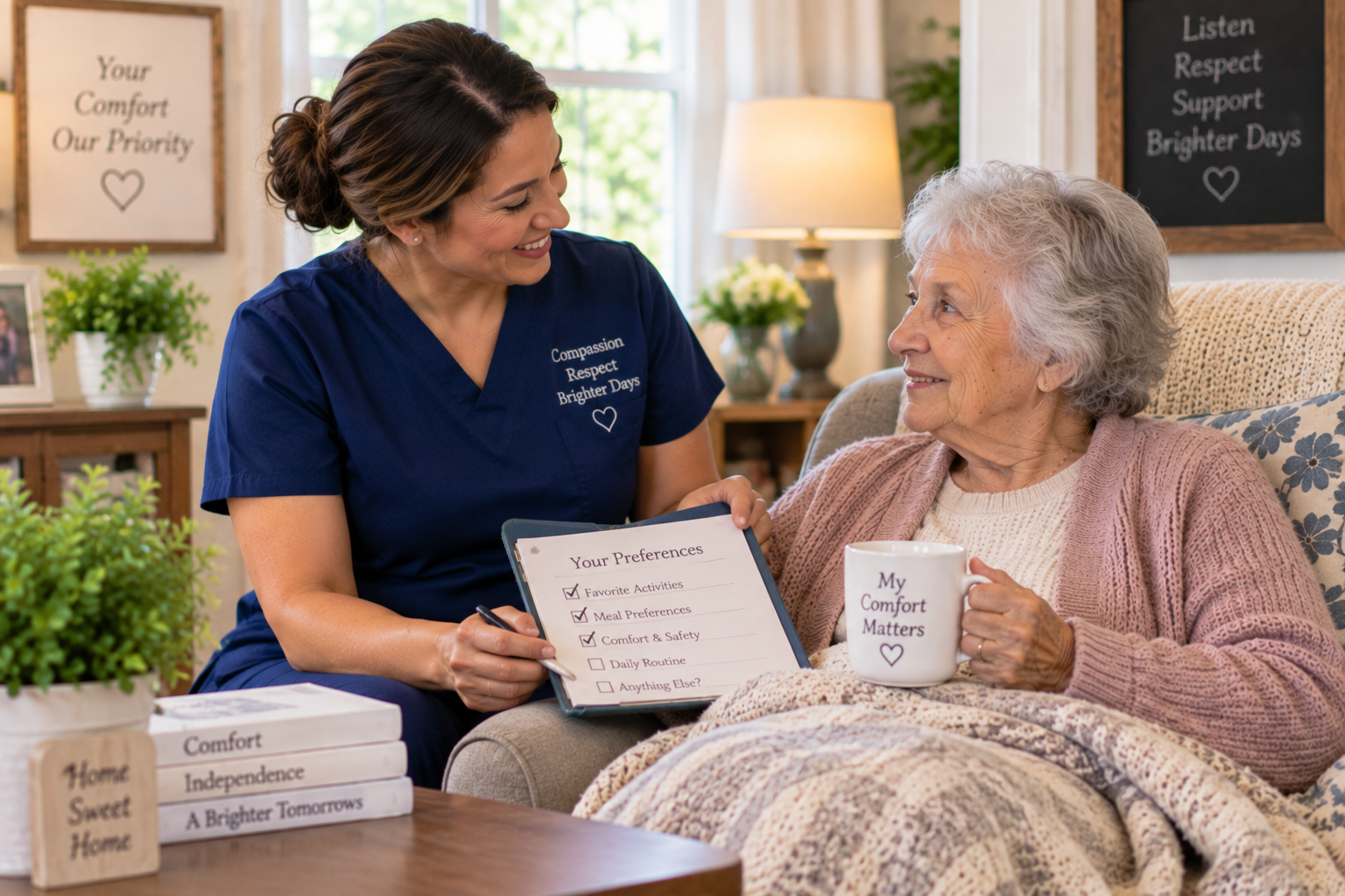 Caregiver helping an older woman with her morning routine at home.