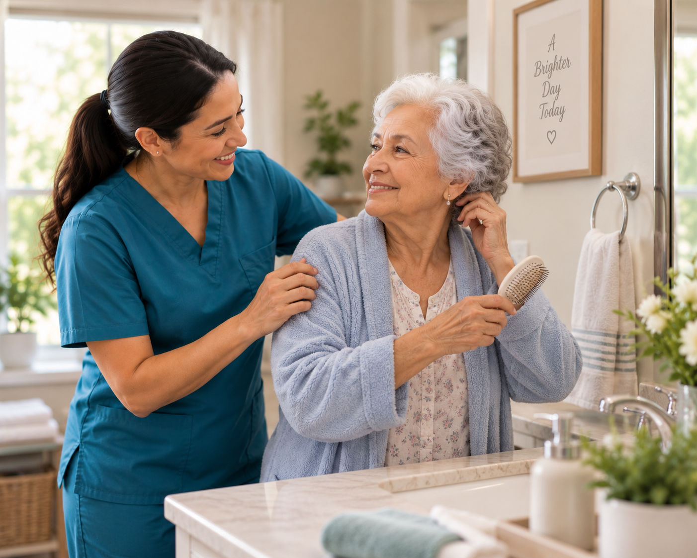 Caregiver helping an older woman with her morning routine at home.