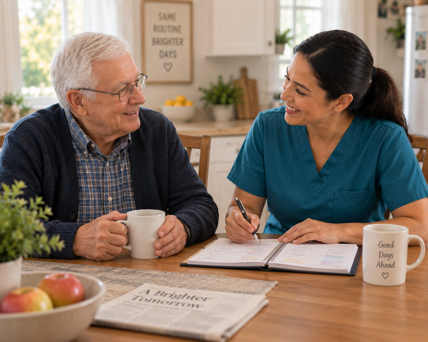 Caregiver and older man talking together at his kitchen table.