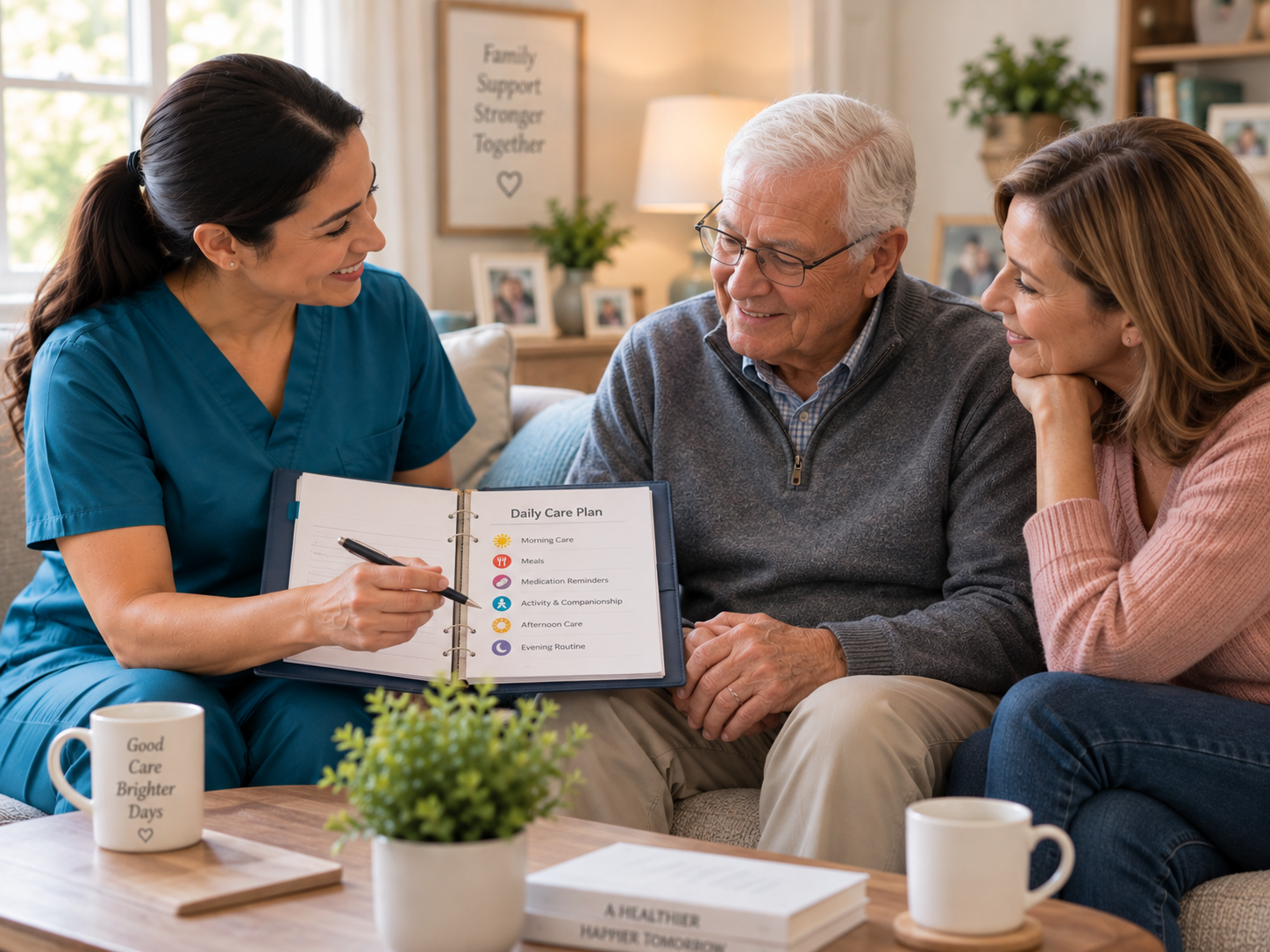 Caregiver discussing a care routine with an older adult and her adult daughter at home.