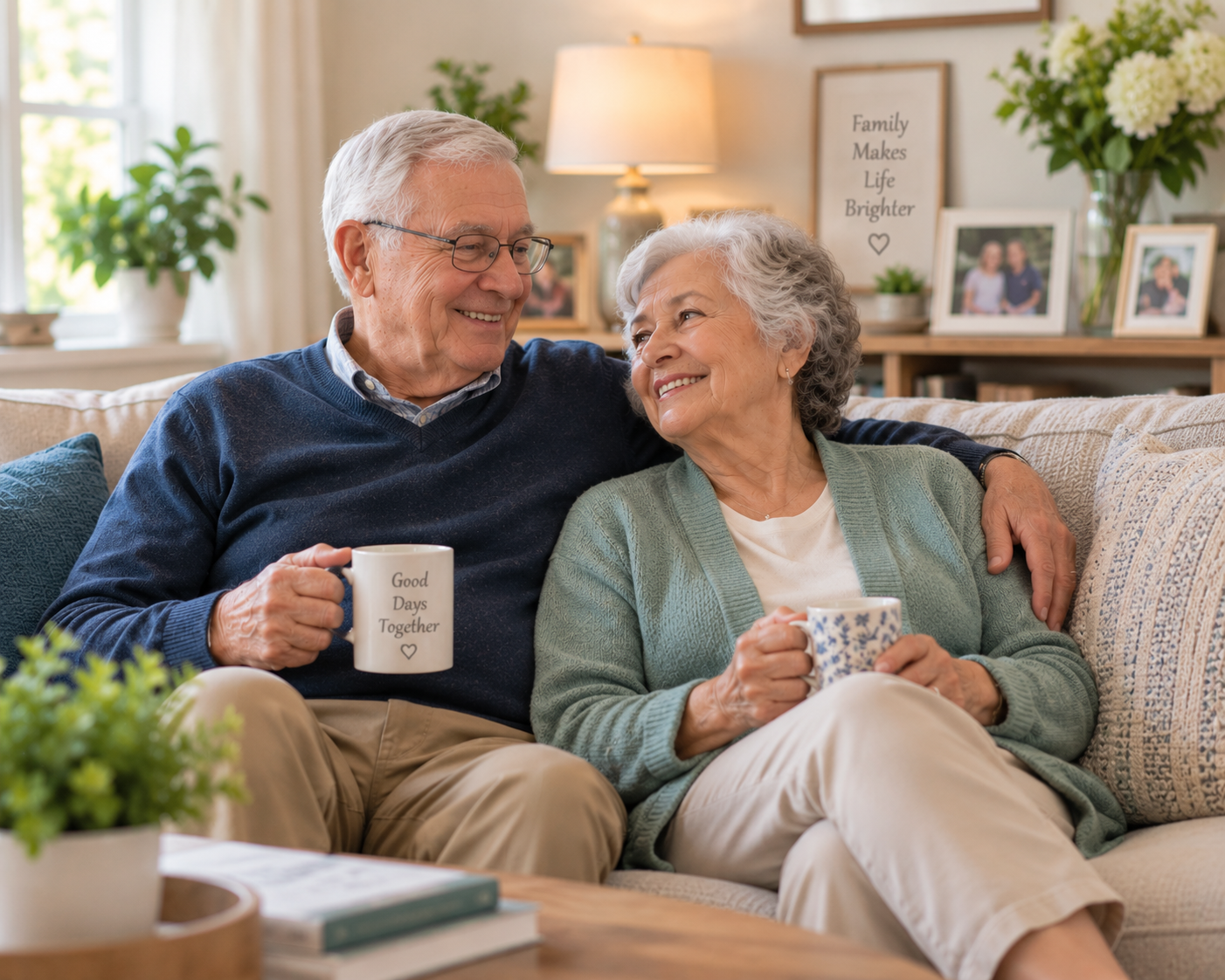 Older couple sitting comfortably in the living room of their own home.