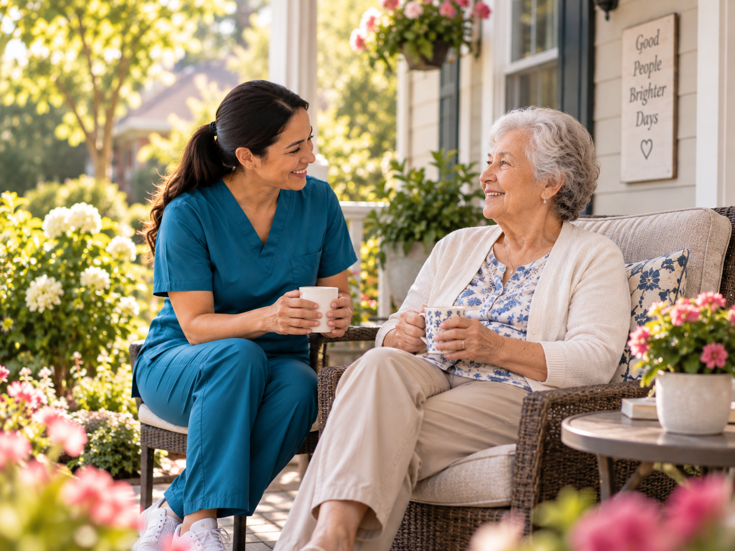 Older adult and caregiver spending time outdoors on a sunny porch.