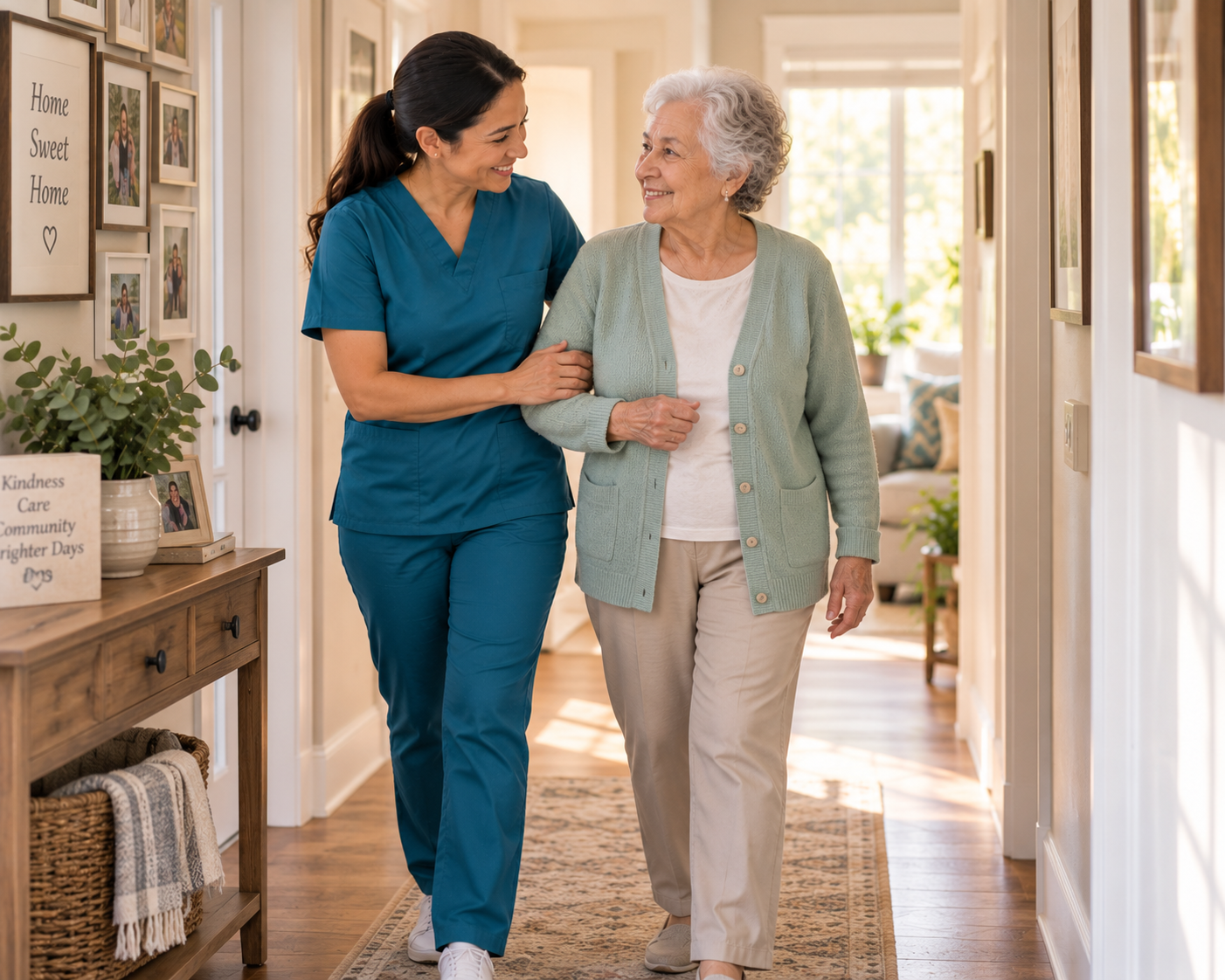 Older adult receiving compassionate in-home support from a caregiver.