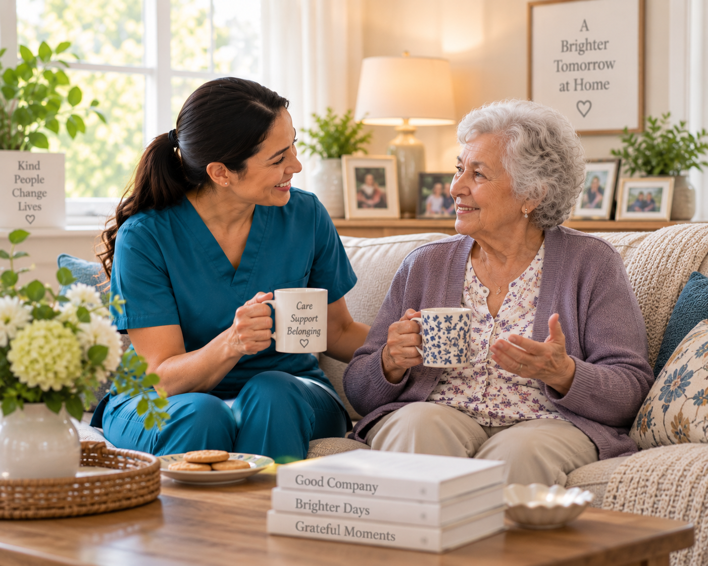 Caregiver and older woman talking together over tea in a bright living room.