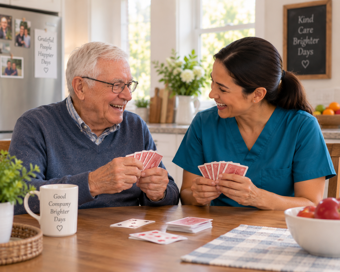 Older man and his caregiver playing cards together at a kitchen table