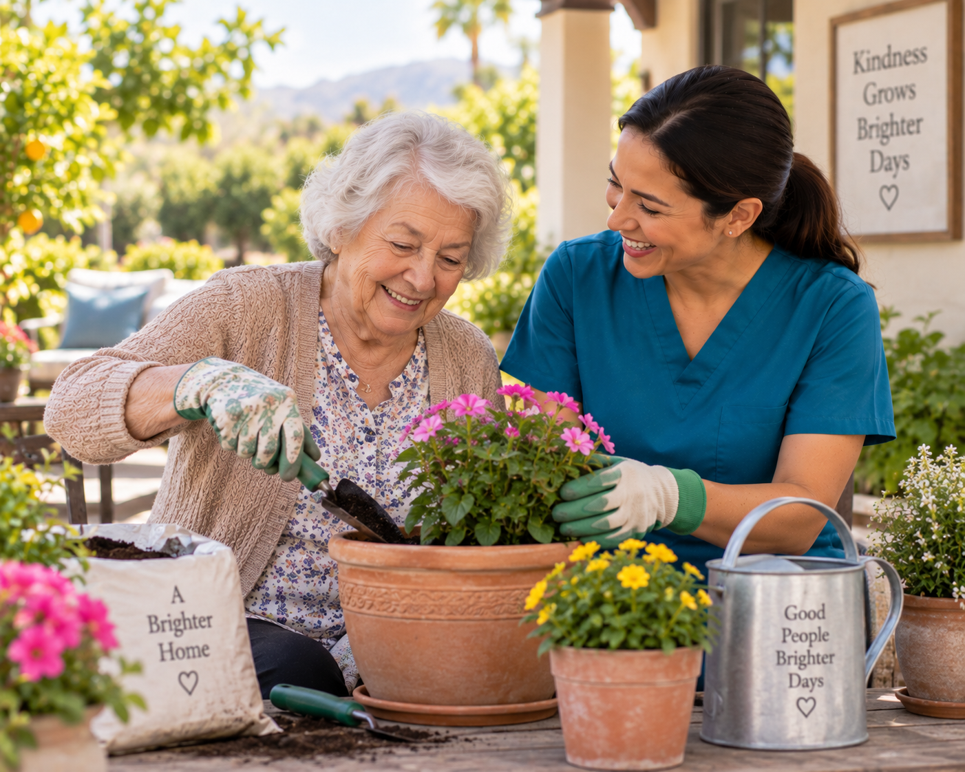 Older woman tending potted plants on her patio while a caregiver helps