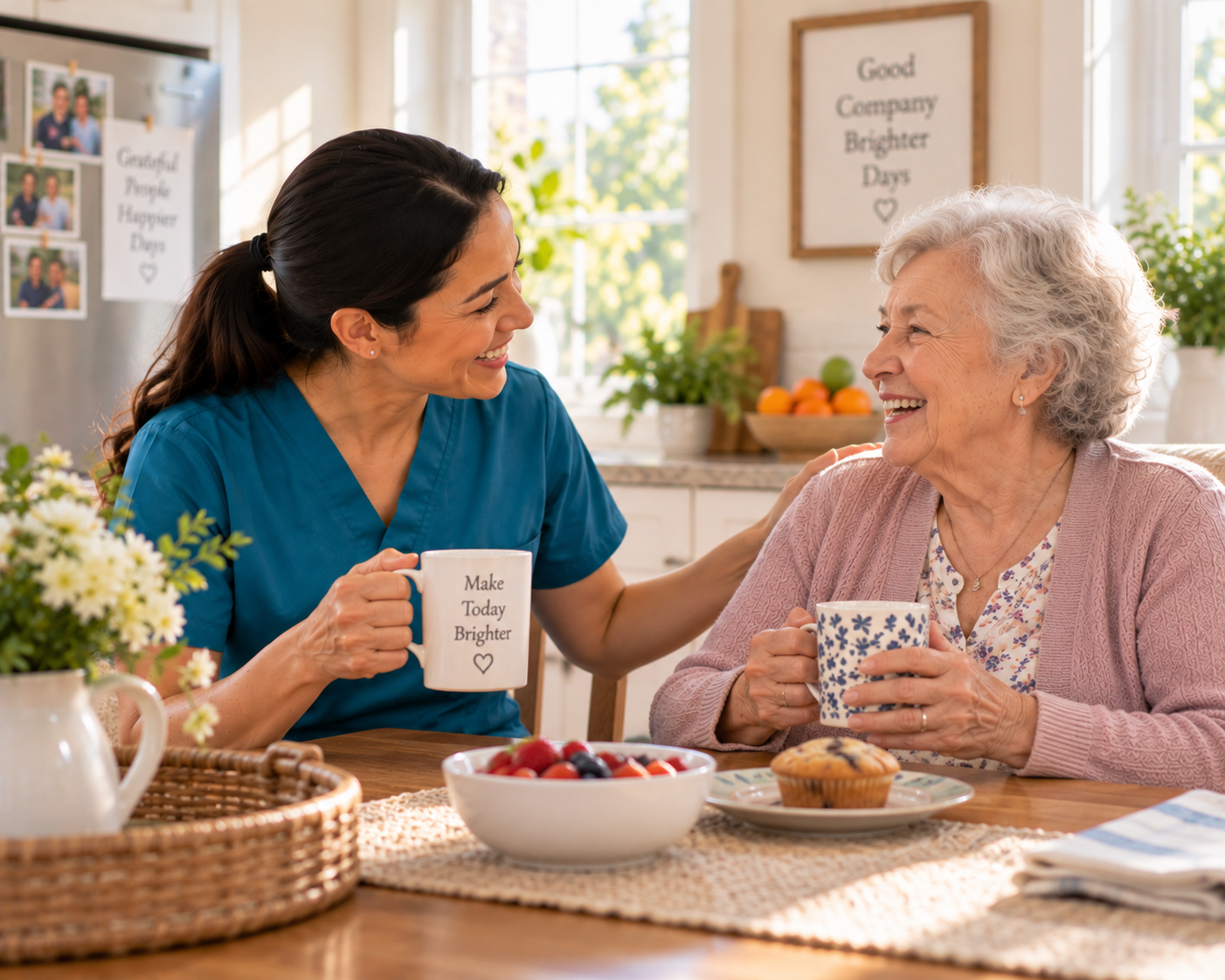 Caregiver and older client sharing a relaxed moment at the kitchen table