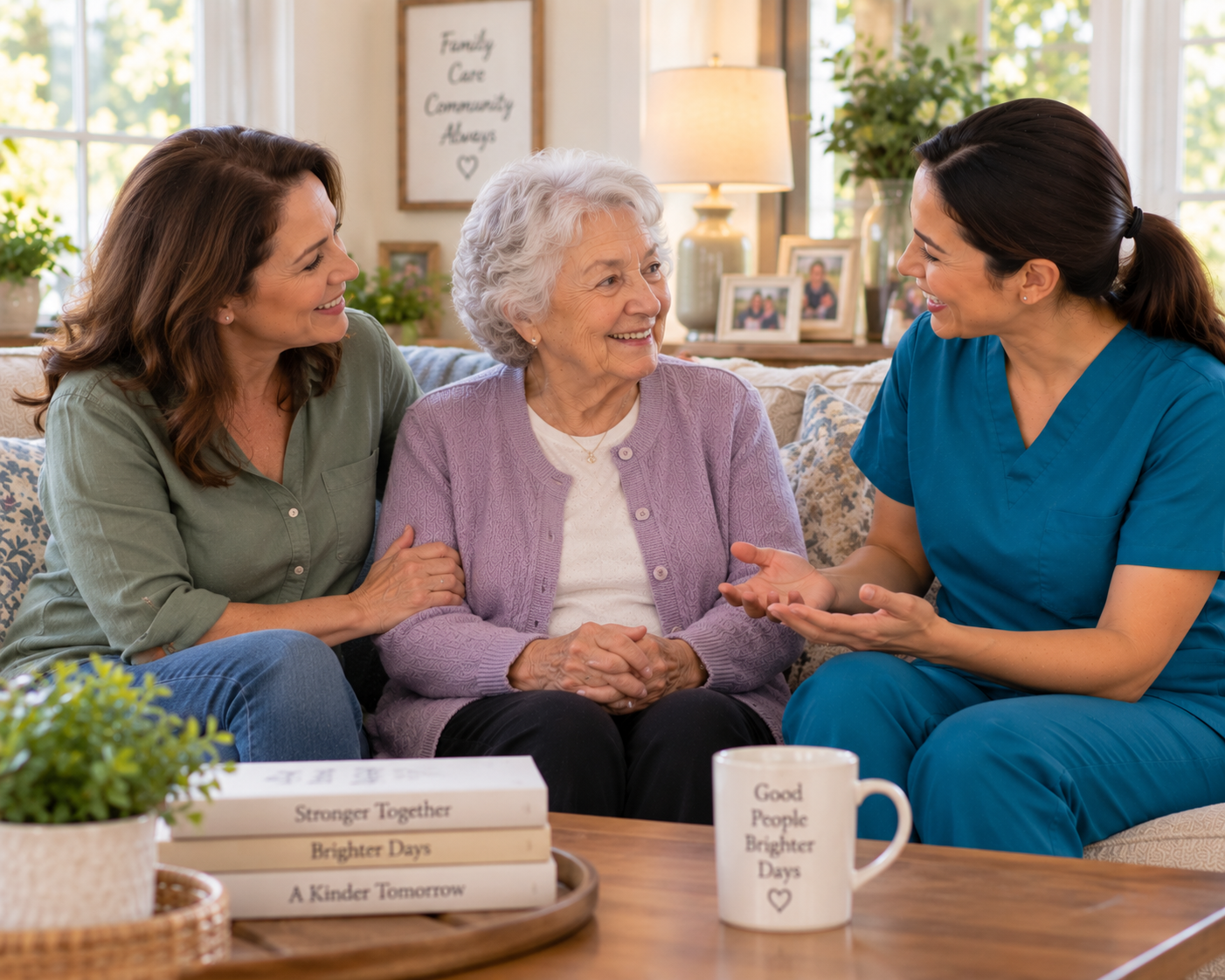 Adult daughter, her mother, and a caregiver talking together on a living room sofa