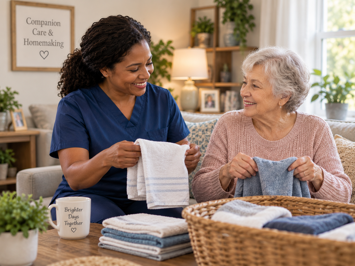 A Peaceful Home Care caregiver providing companionship and light homemaking