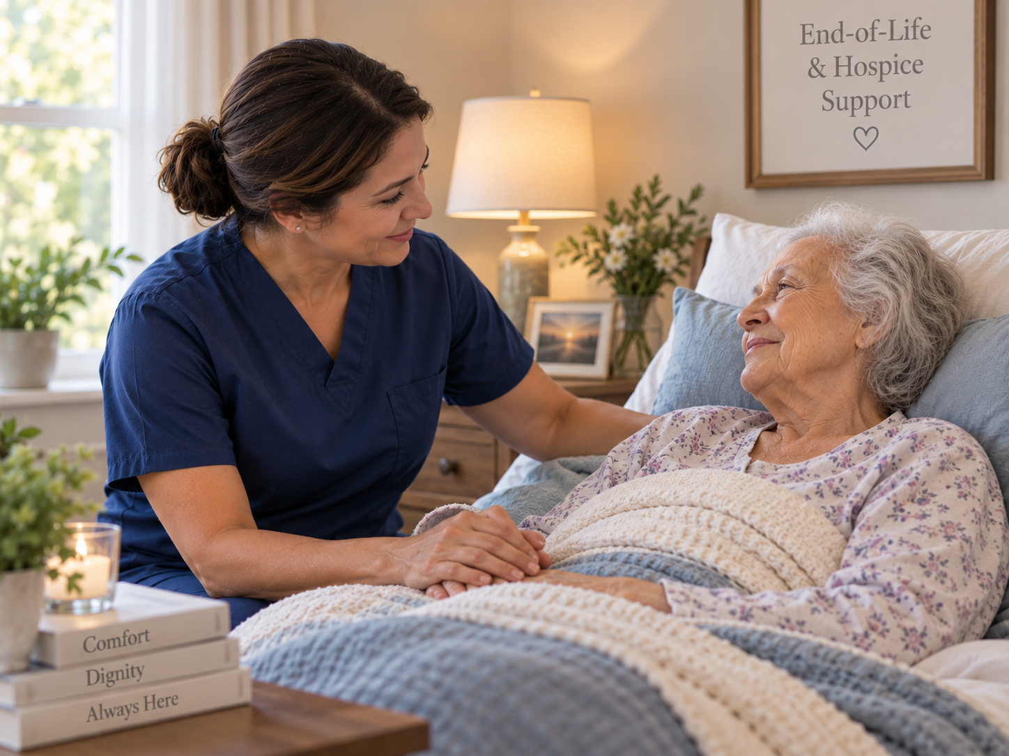 A Peaceful Home Care caregiver providing gentle end-of-life or hospice support