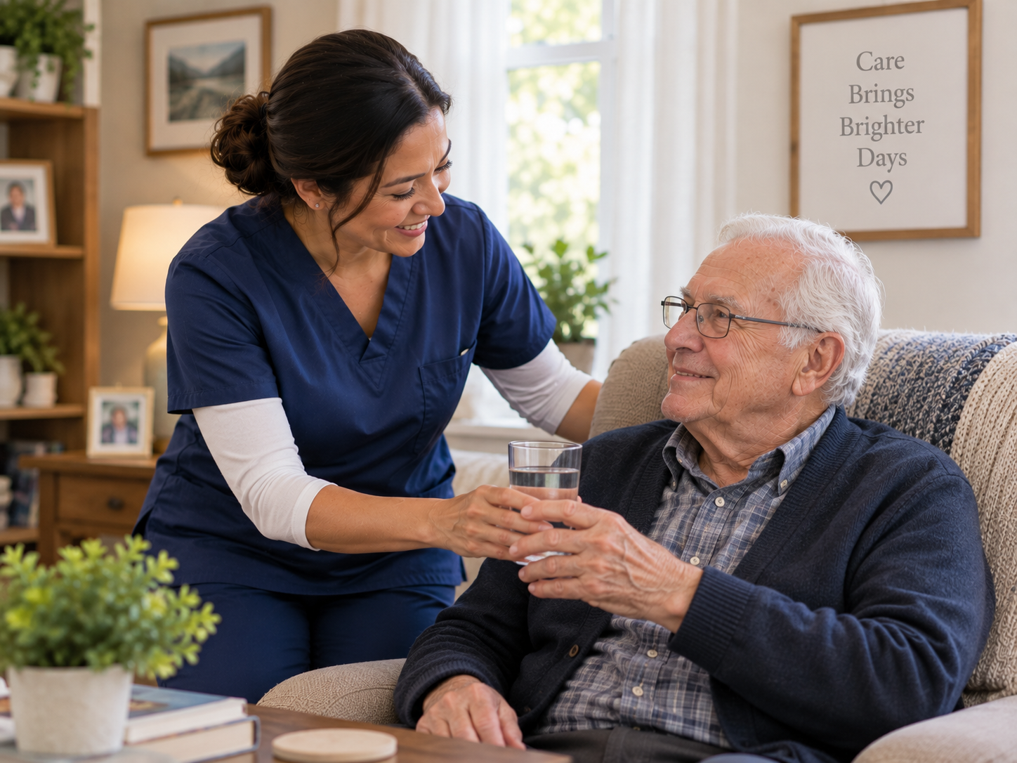 Caregiver sharing a warm moment with an older woman at home
