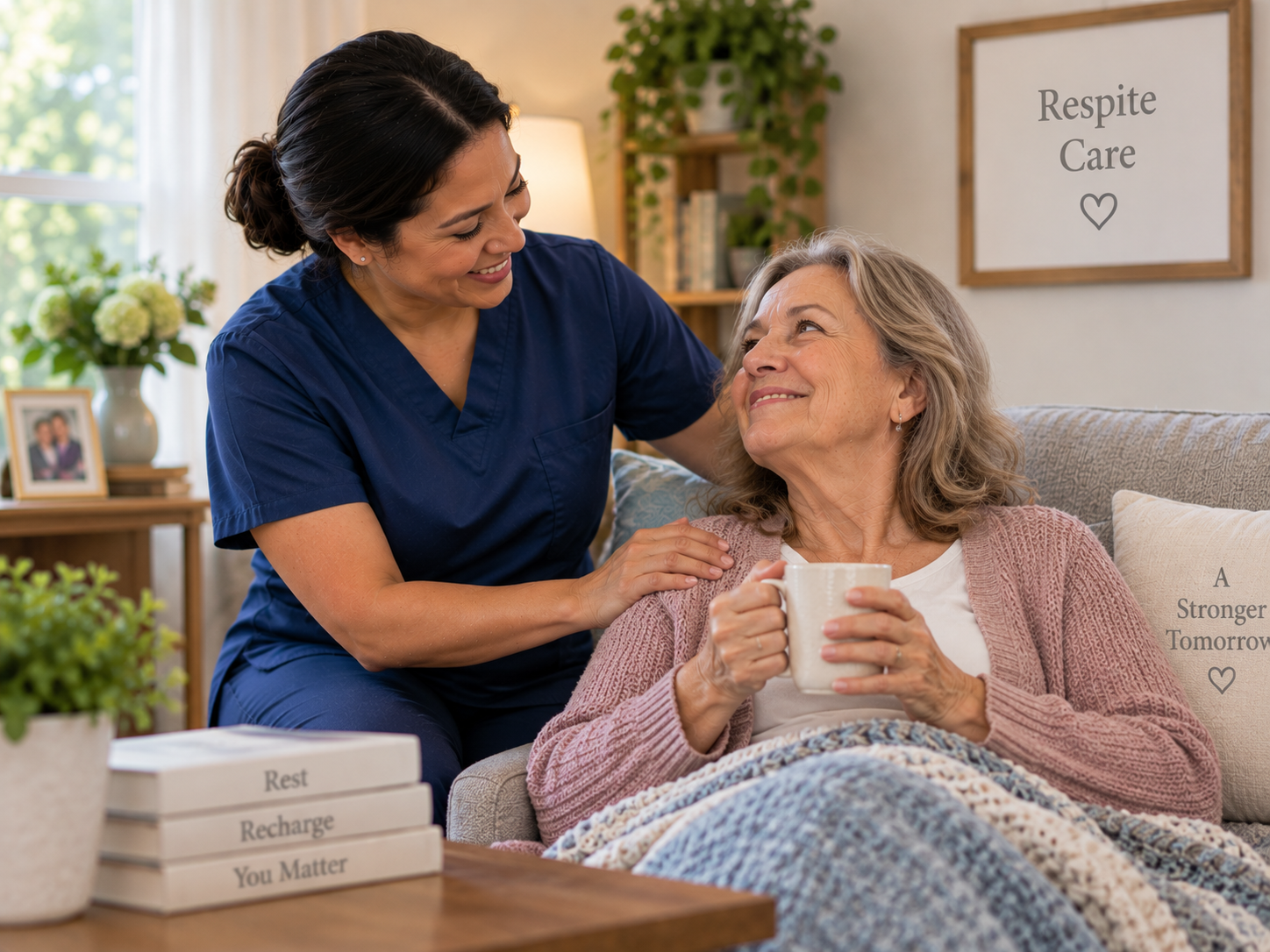 A Peaceful Home Care caregiver providing respite care relief for a family caregiver
